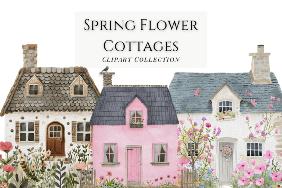 Download Watercolor Spring Flower Cottages - Premium Bundle