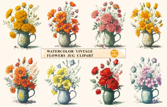 Download Watercolor Vintage Flowers Jug Clipart - Premium Bundle